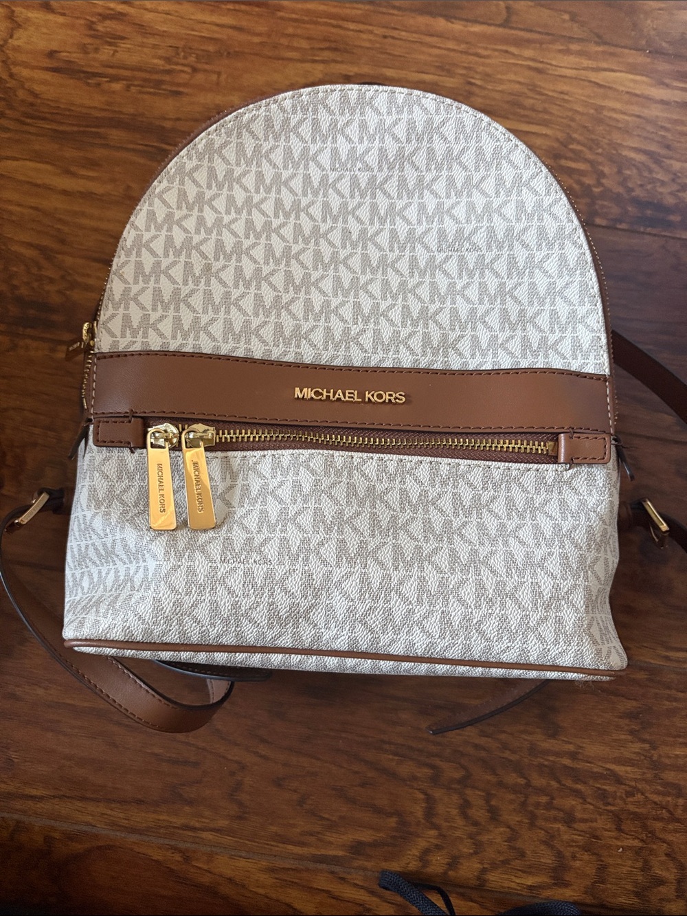 Michael Kors Beige Signature Dome Backpack with Brown Accents